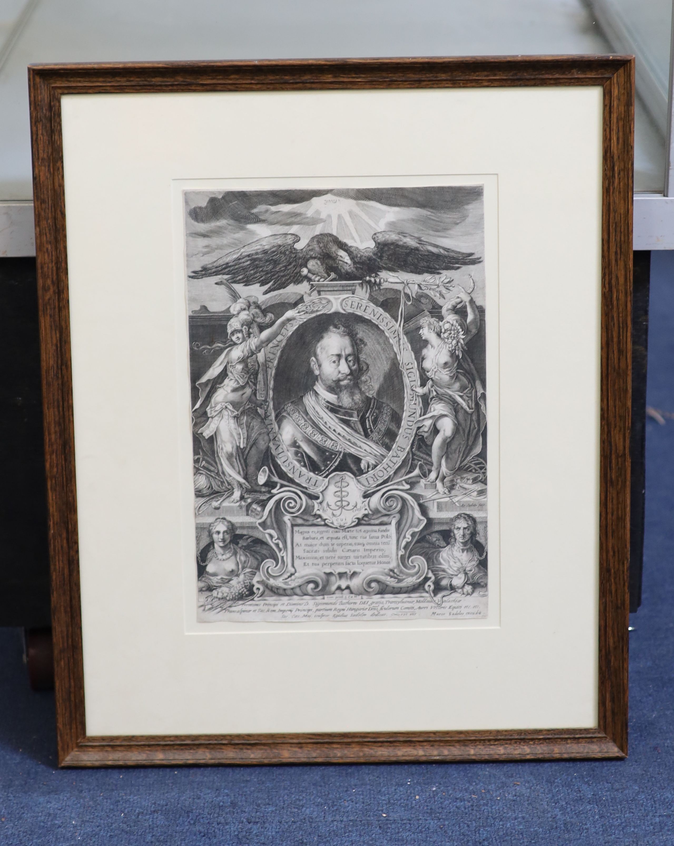 A group of eight portrait engravings of historical notables, including Sigismund Bathory, Prince of Transylvania, approx. 37 x 23cm. and three similar smaller engravings